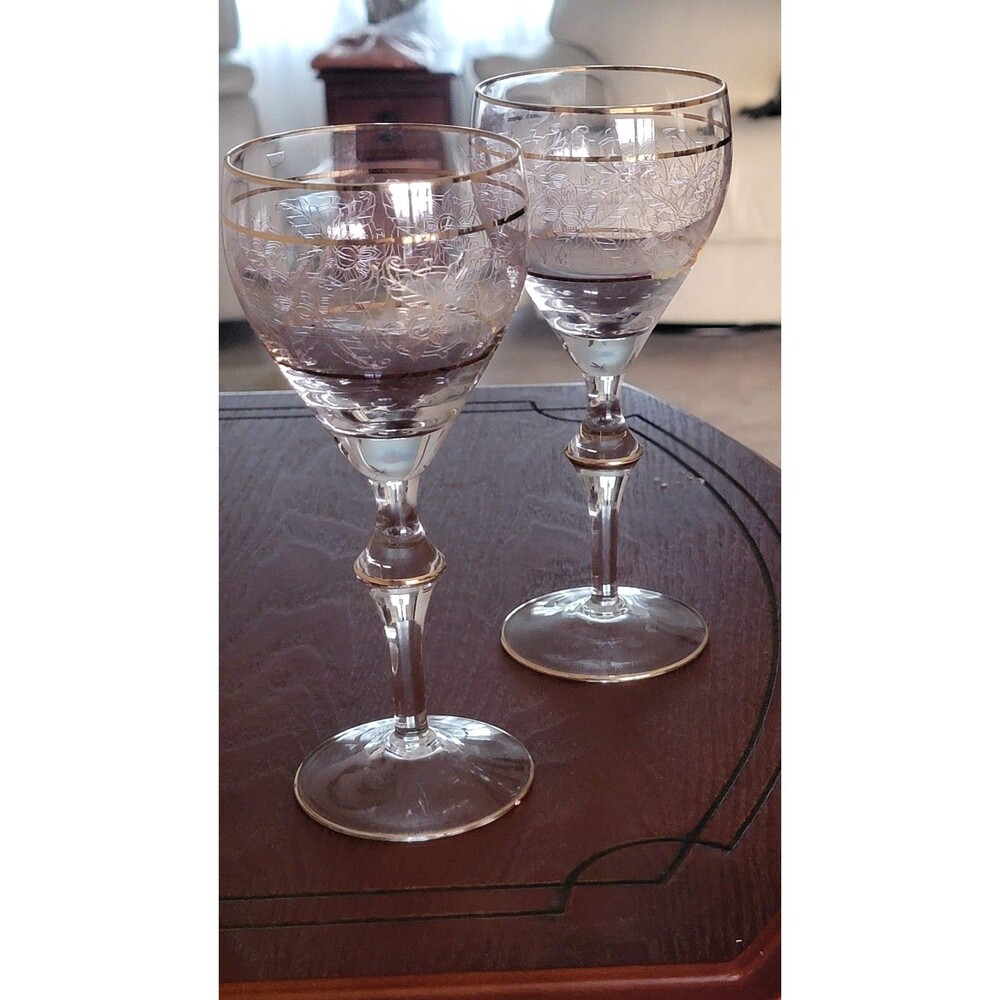 Vintage Crystal Wine Glasses Gold Etched & Banded Stemware Set/2 - Picture 5 of 13